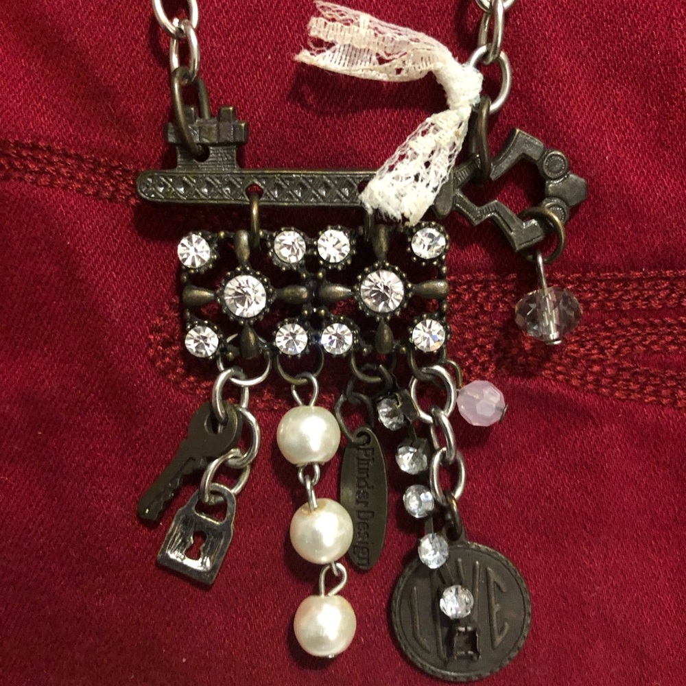 Plunder Vintage-Style Charm Necklace with Clear Crystals and Pearls